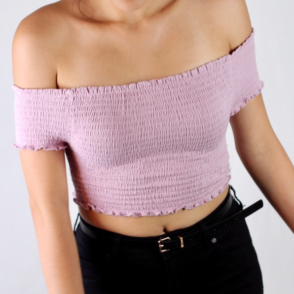 🆕 Smocked Off-The-Shoulder Crop Top (Pink) - Picture 2 of 5